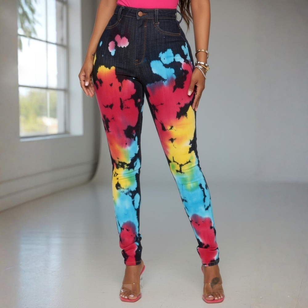 Fashion Nova ✦ Pride Colorful Tie‑Dye Skinny Jeans ✦ Dark Wash High‑Rise Stretch